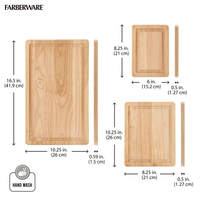 Rubberwood Cutting Board Set with Juice Grooved and Finger Grips, 3-Piece