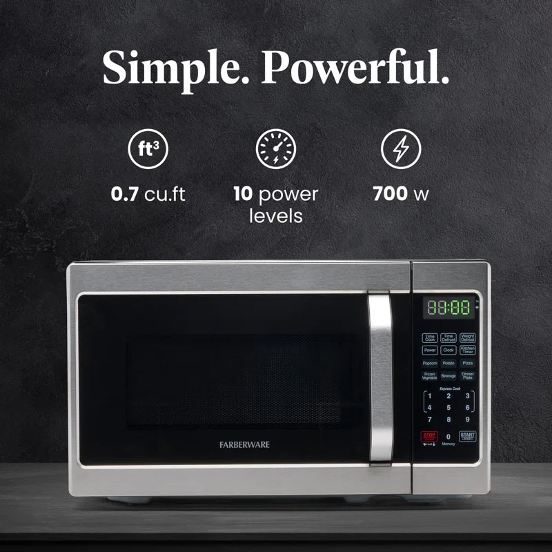 Compact Countertop Microwave Oven, 0.7 Cu. Ft. 700-Watt, Child Lock, Easy Clean Interior