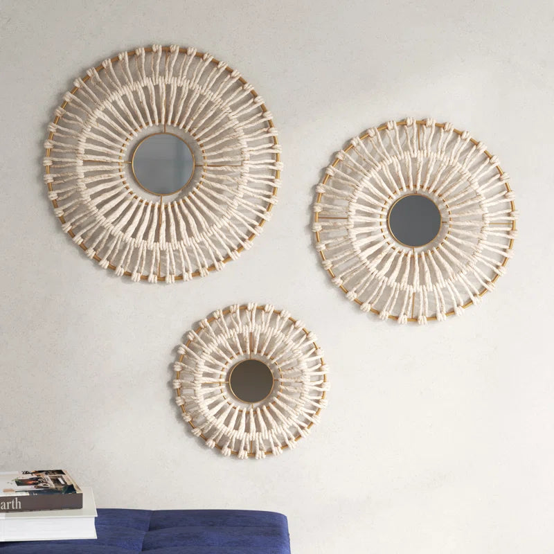 Pablo round Natural Fiber and Mirror 3-Piece Wall Décor Set