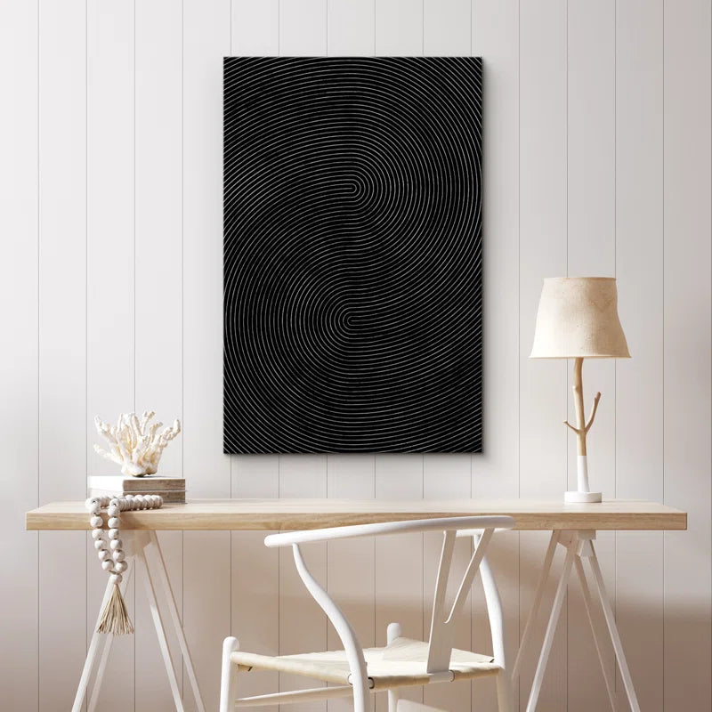 Geometric Line Black Faux 3D Wave Abstract Minimalist Mid Century Modern Frame Canvas Print Wall Art