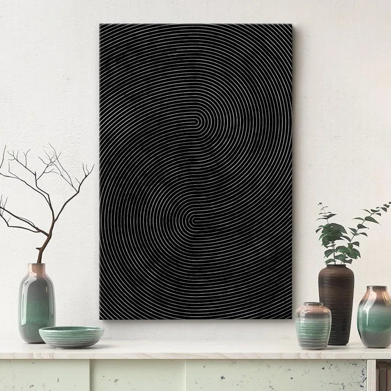 Geometric Line Black Faux 3D Wave Abstract Minimalist Mid Century Modern Frame Canvas Print Wall Art