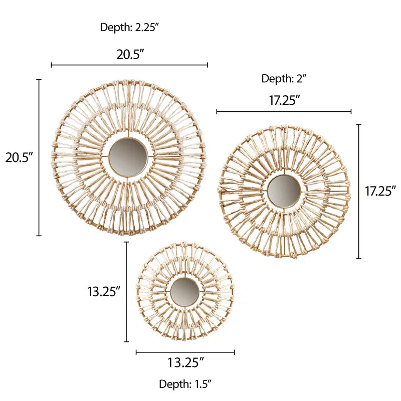 Pablo round Natural Fiber and Mirror 3-Piece Wall Décor Set