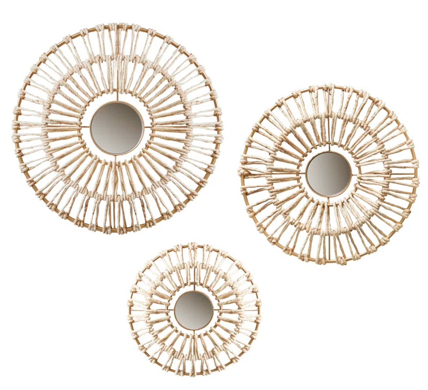 Pablo round Natural Fiber and Mirror 3-Piece Wall Décor Set