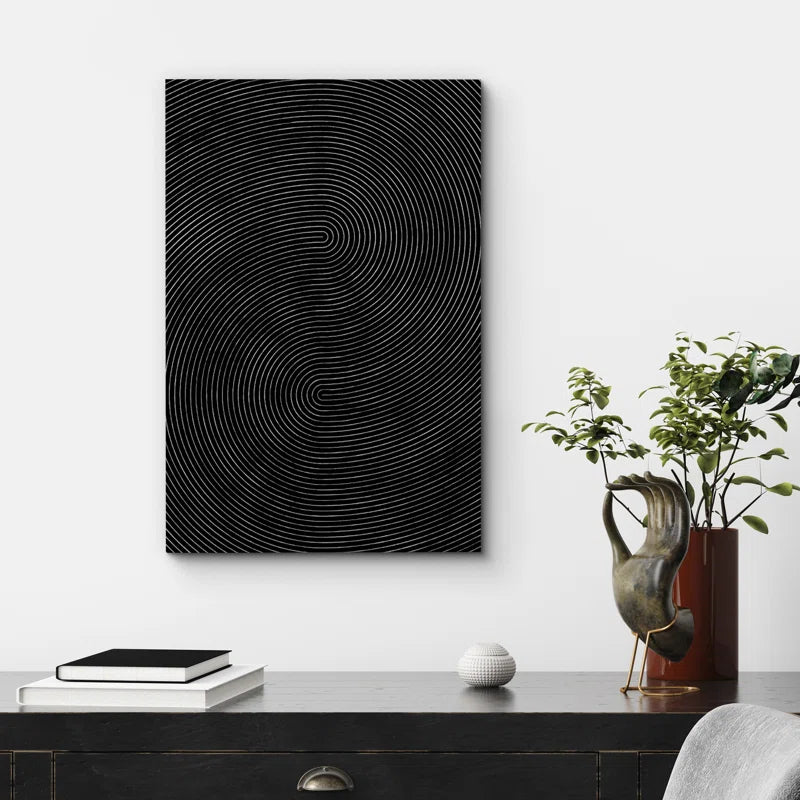 Geometric Line Black Faux 3D Wave Abstract Minimalist Mid Century Modern Frame Canvas Print Wall Art