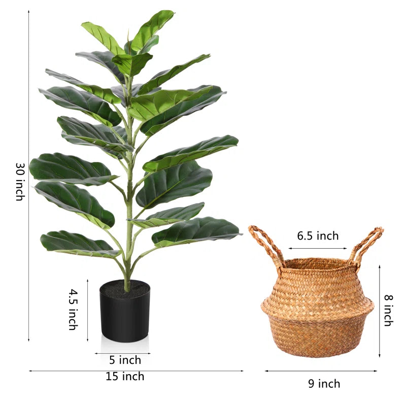 Adcock Artificial Fiddle Leaf Fig Plant in Basket, Faux Green Plant, Fake Tree for Home Décor