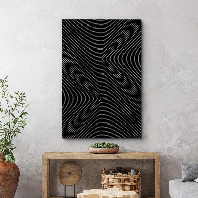 Geometric Line Black Faux 3D Wave Abstract Minimalist Mid Century Modern Frame Canvas Print Wall Art