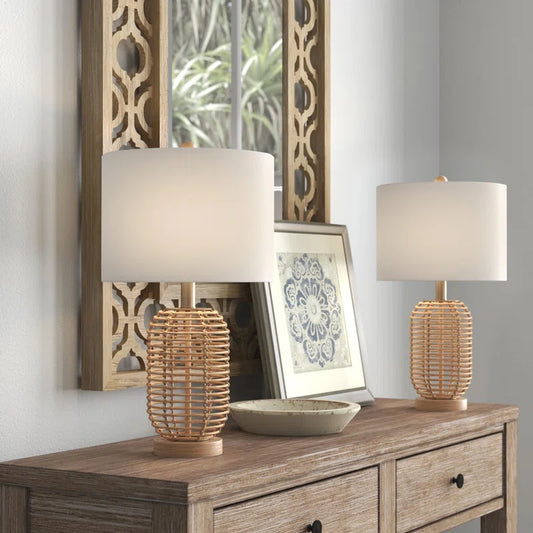 Arcola 21" Bedside Natural Rattan Table Lamp Set for Living Room/Bedroom