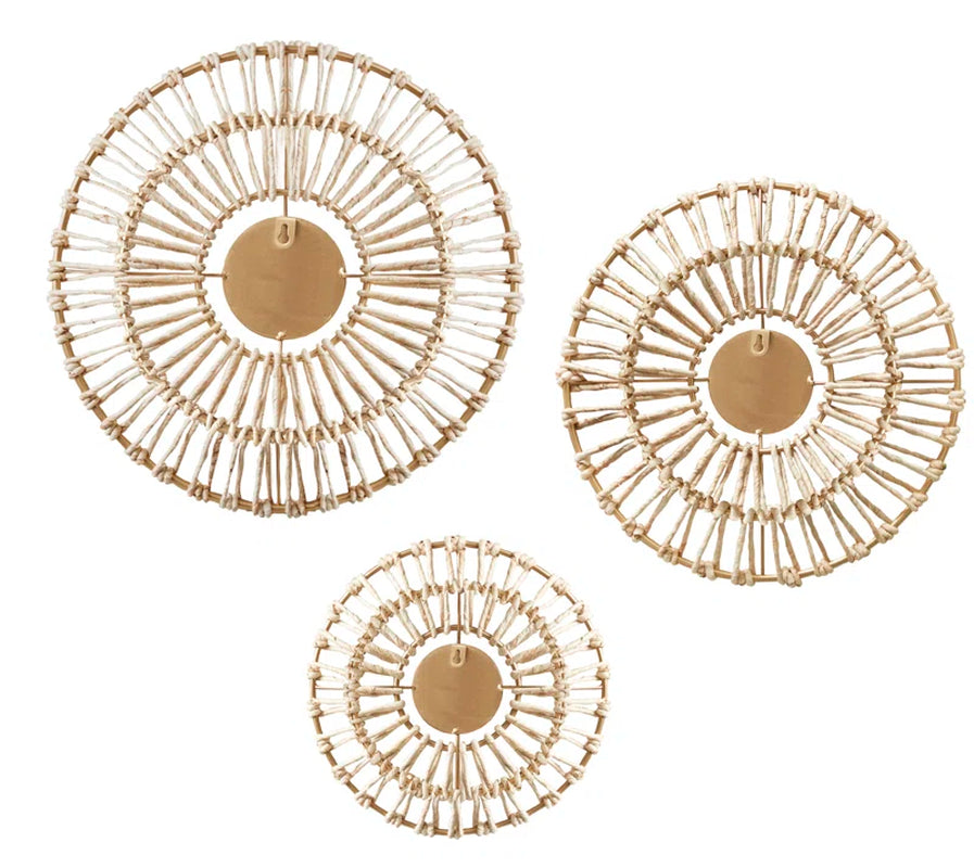 Pablo round Natural Fiber and Mirror 3-Piece Wall Décor Set